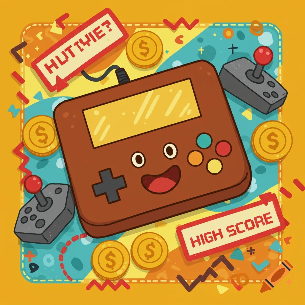 Cartoon illustration of a smiling brown handheld game console, gold coins, and joysticks on a colorful background with 'HUTTYIE?' and 'HIGH SCORE' banners.