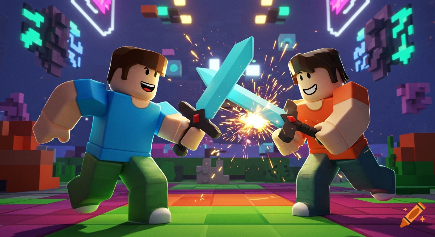 Two Roblox-style characters, resembling 'noobs', clash swords, creating sparks in a vibrant, blocky digital arena.