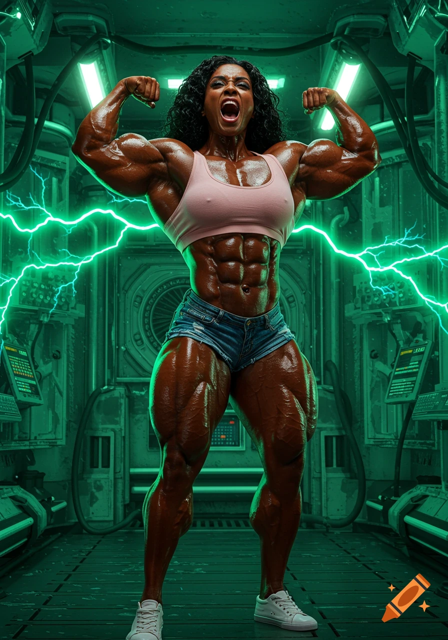 A very muscular woman flexes her biceps in a futuristic green chamber with lightning.