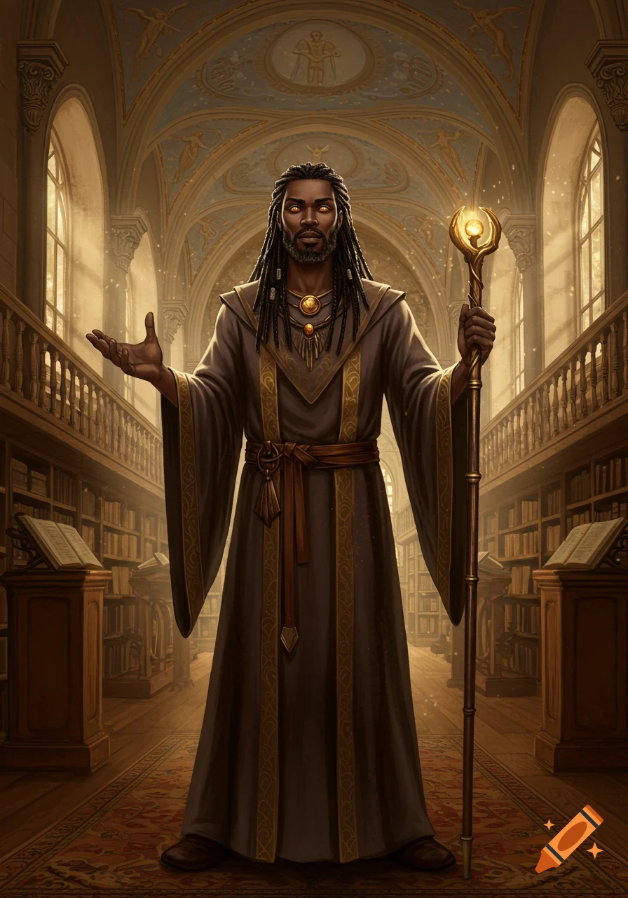 Dark-skinned wizard with dreadlocks, glowing amber eyes, holds a magical staff in a grand, sunlit library, digital art.