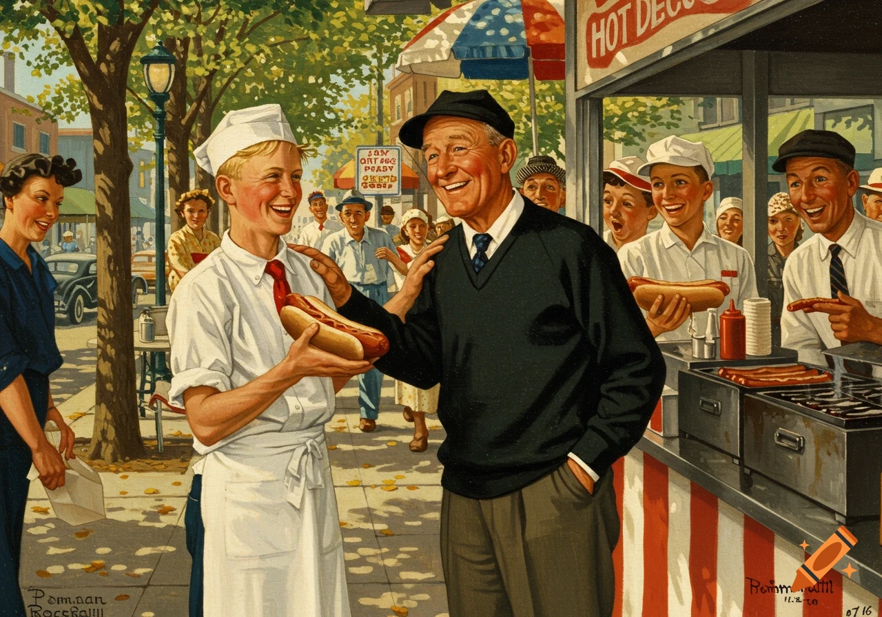 A Norman Rockwell-style painting of an older man smiling at a young hot dog vendor on a busy street, both holding hot dogs.