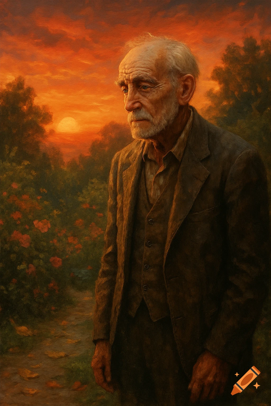A painterly portrait of an elderly man with a beard, in a garden at sunset, looking reflective.