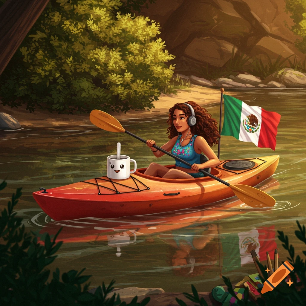 A cartoonish Hispanic woman with curly hair and headphones kayaks on a river with a Mexican flag attached to the back of her boat. A smiling cartoon mug sits in front of her.