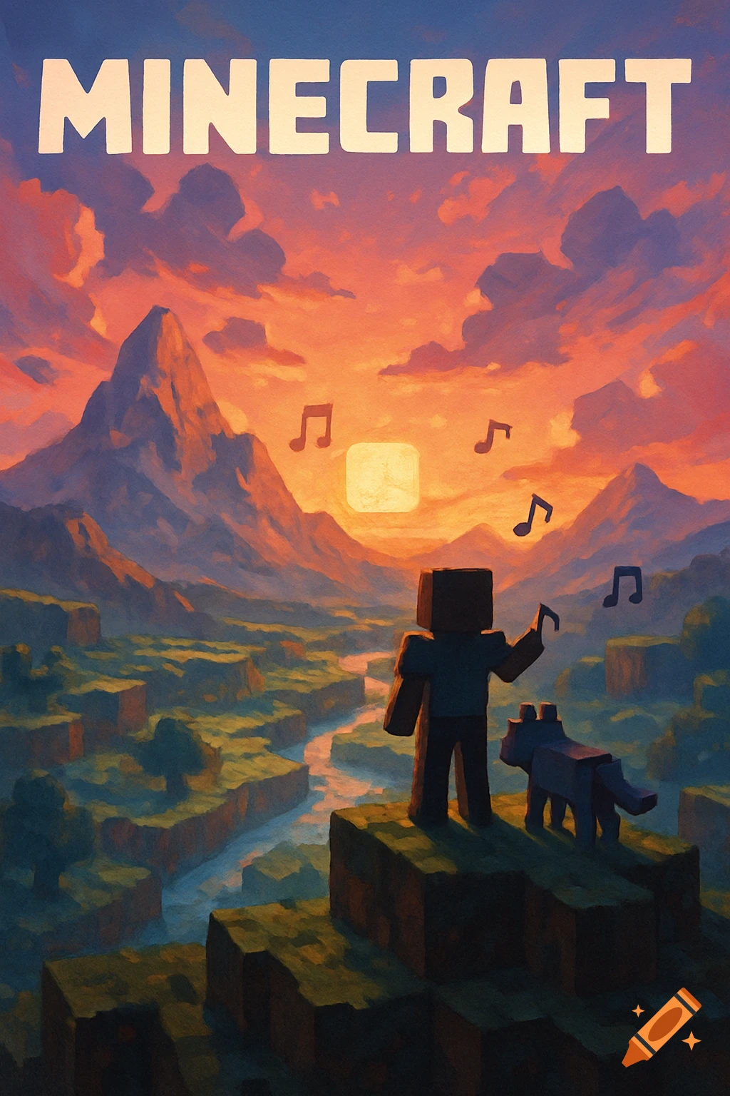 MINECRAFT title over a stylized landscape at sunset, with a block-figure character and a wolf looking over a winding river and mountains, in a painterly style.