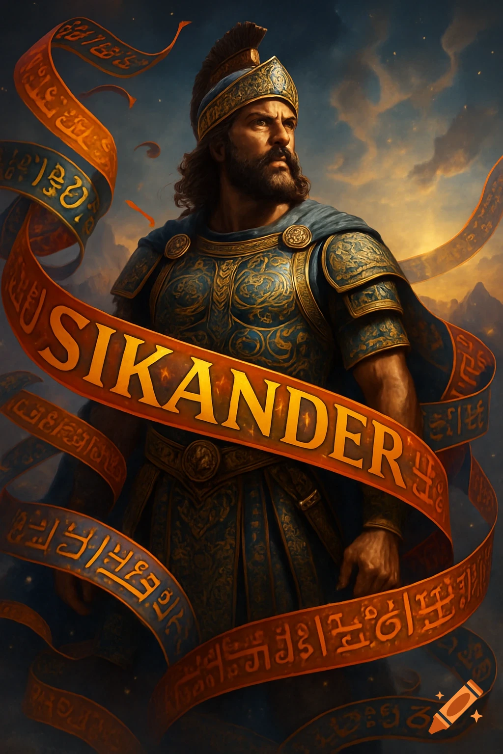 A majestic portrait of a bearded man in elaborate blue and gold armor and helmet, with long dark hair, holding ribbons with the name "SIKANDER" and other stylized text, against a dramatic sky.