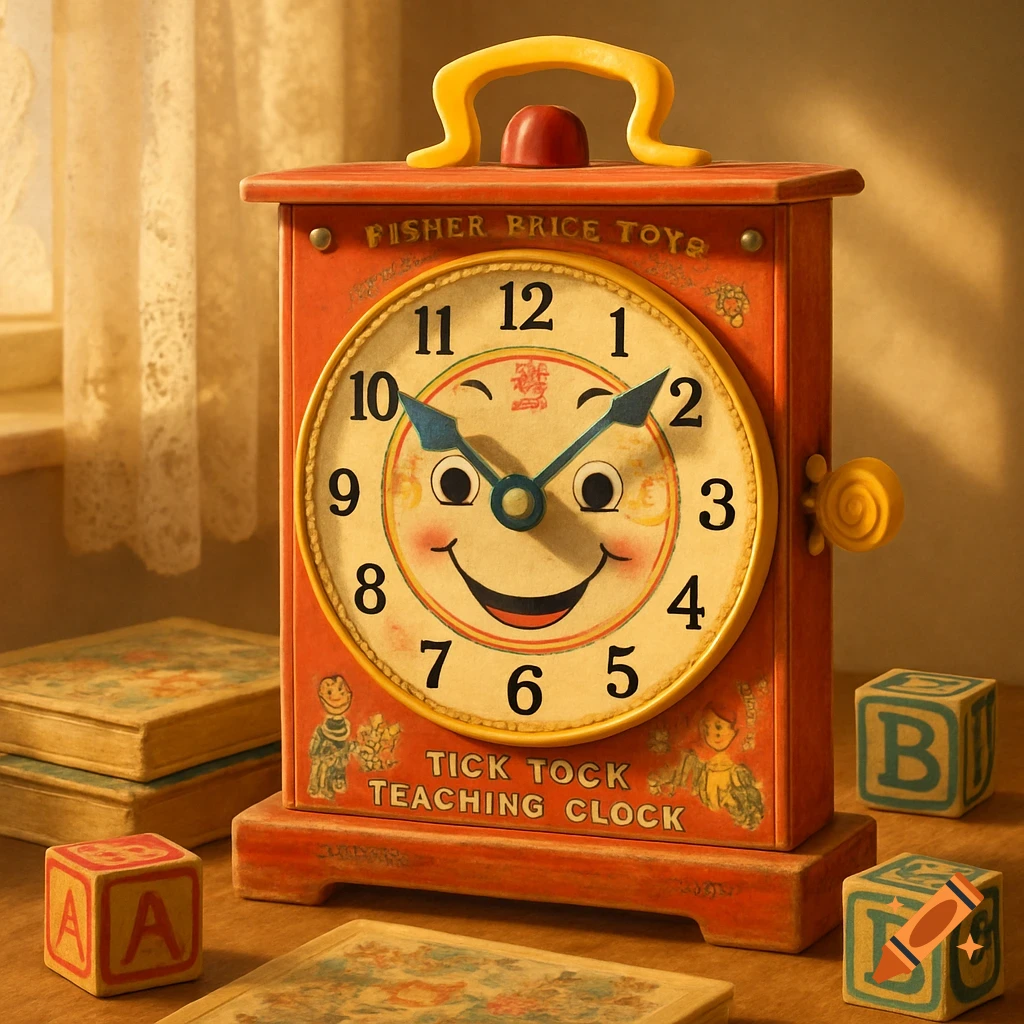 A vintage red Fisher-Price style teaching clock with a smiley face, blue hands, and a yellow handle, surrounded by wooden alphabet blocks and books on a wooden table.