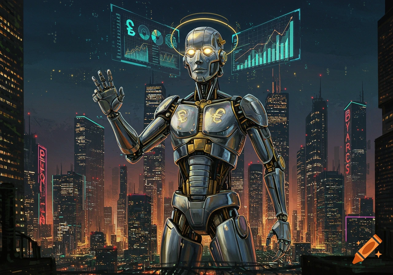 A metallic robot with glowing eyes and currency symbols on its chest stands in a futuristic city at night, with holographic data screens floating nearby. The robot has one hand raised.