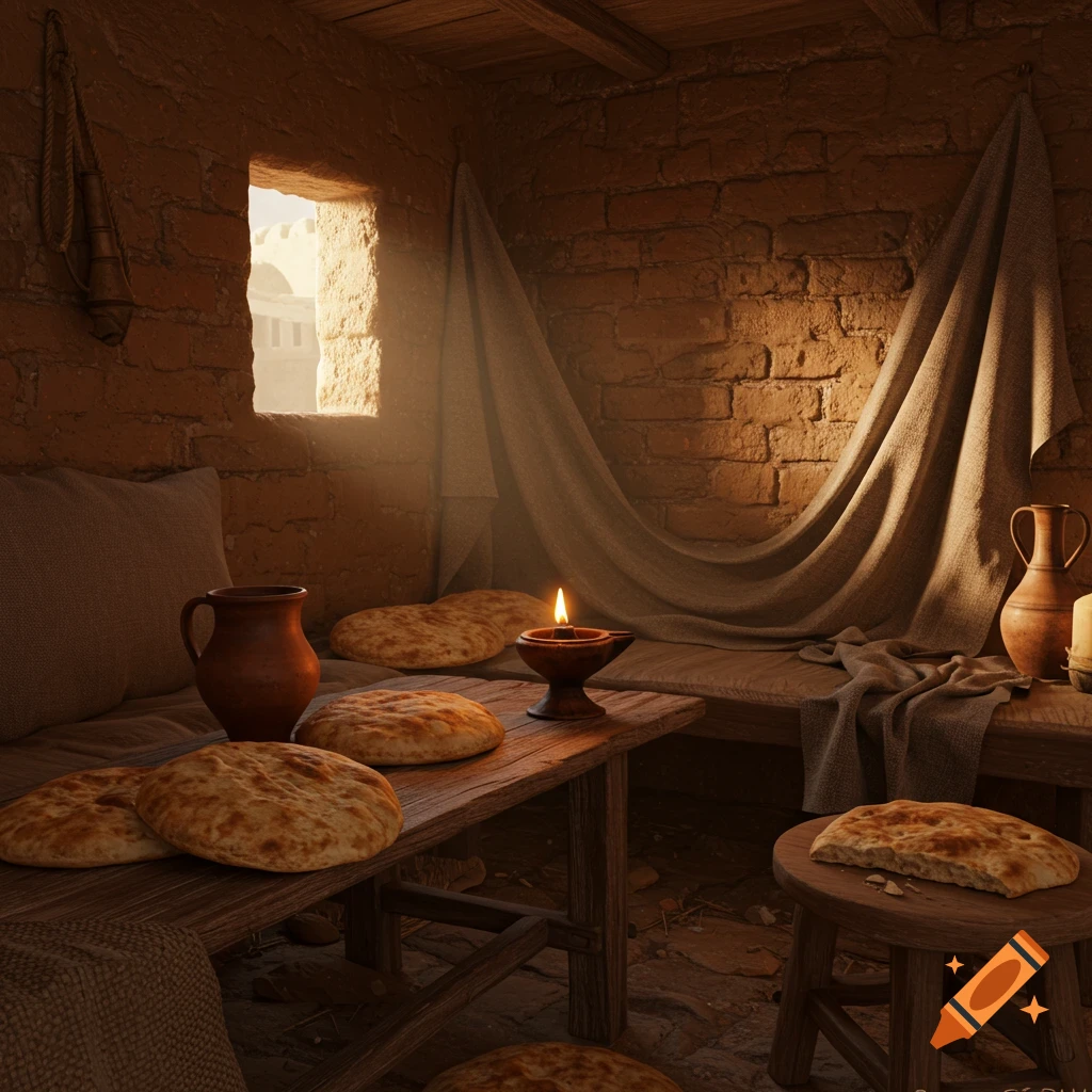 Ultra-realistic image of a warm, dimly lit 1st-century Middle Eastern room with a table, flatbreads, and a lit clay lamp.