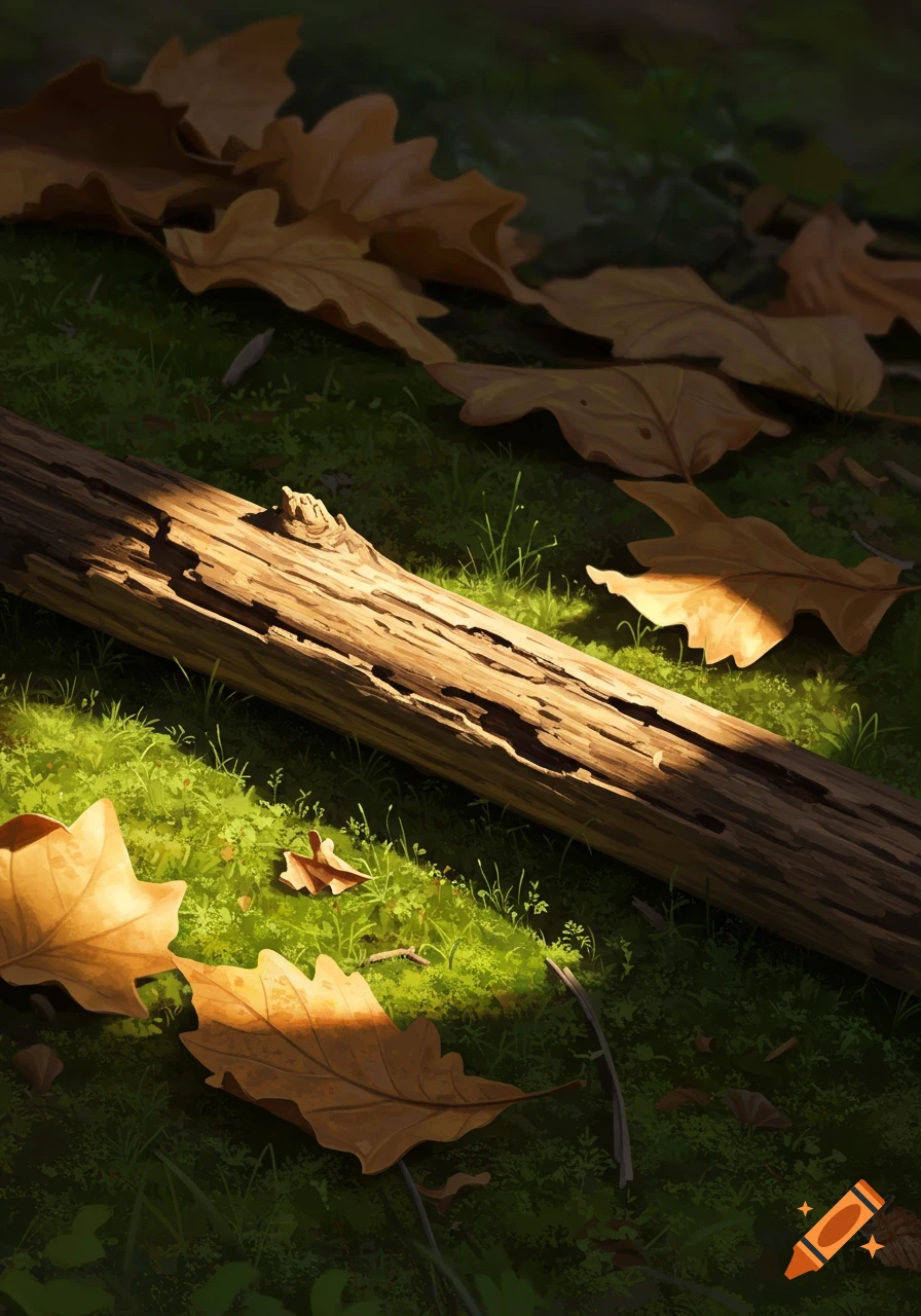 A weathered wooden log lies on a mossy forest floor, surrounded by fallen brown oak leaves, with dappled sunlight illuminating parts of the scene.