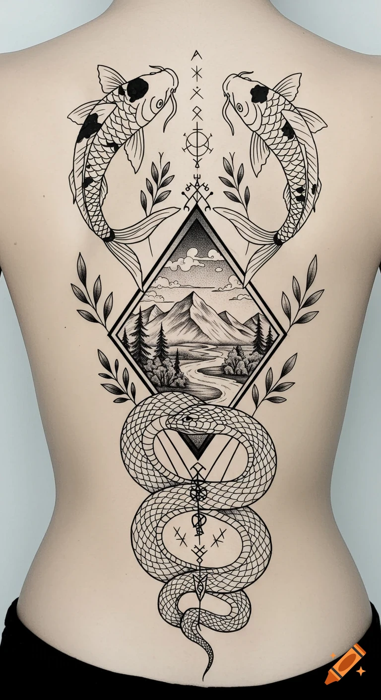 A black and white line art tattoo design featuring two koi fish, a diamond with a mountain scene, a snake, and pagan symbols on a person's back.