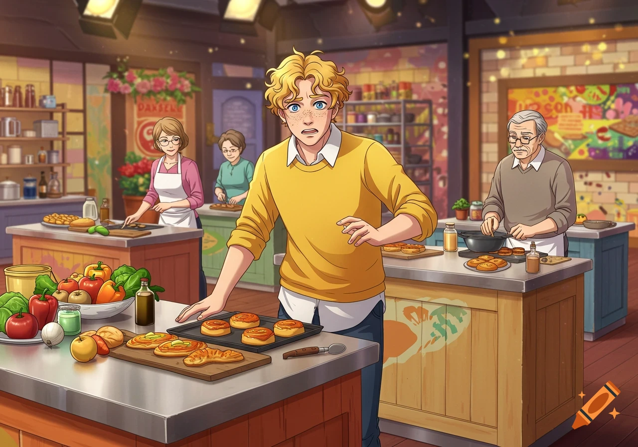 An anime scene of a nervous young man with blonde hair holding a baking tray, participating in a kitchen baking competition with two older adults.