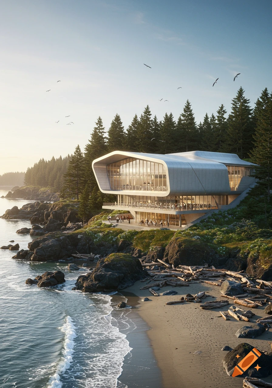 A futuristic building with large windows sits on a rocky Pacific Northwest coast next to a sandy beach and a forest, at sunrise or sunset.
