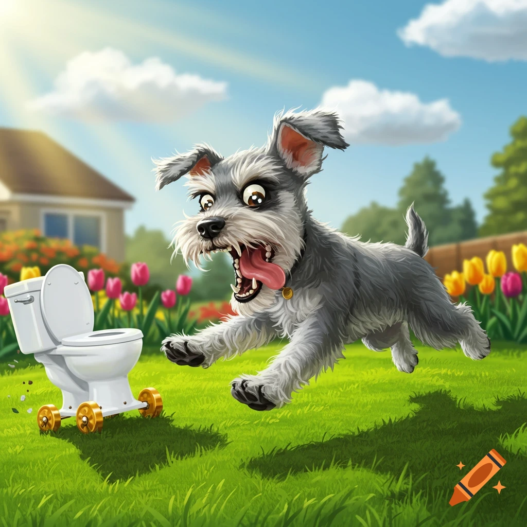 A cartoon rabid miniature schnauzer chases a toilet on wheels across a sunny green lawn with flowers and a house in the background.