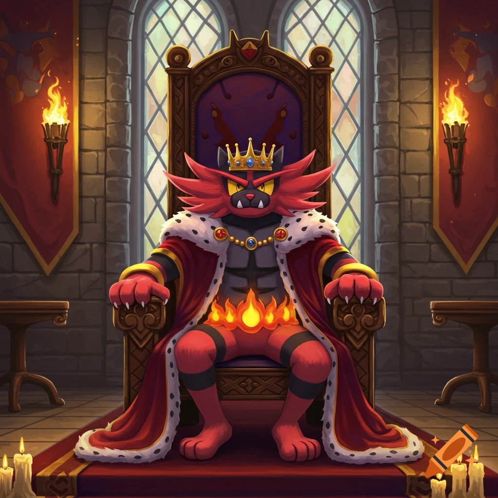 The Pok emon Incineroar sits on a king's throne in a castle, wearing an imperial crown and red robe.
