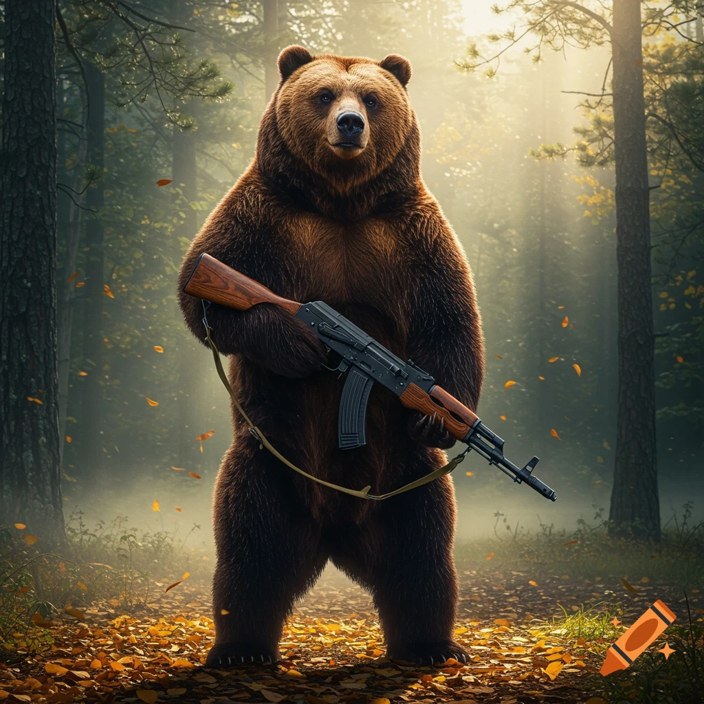 A large brown bear stands upright in an autumn forest, holding an AK-47 rifle. Photorealistic style.