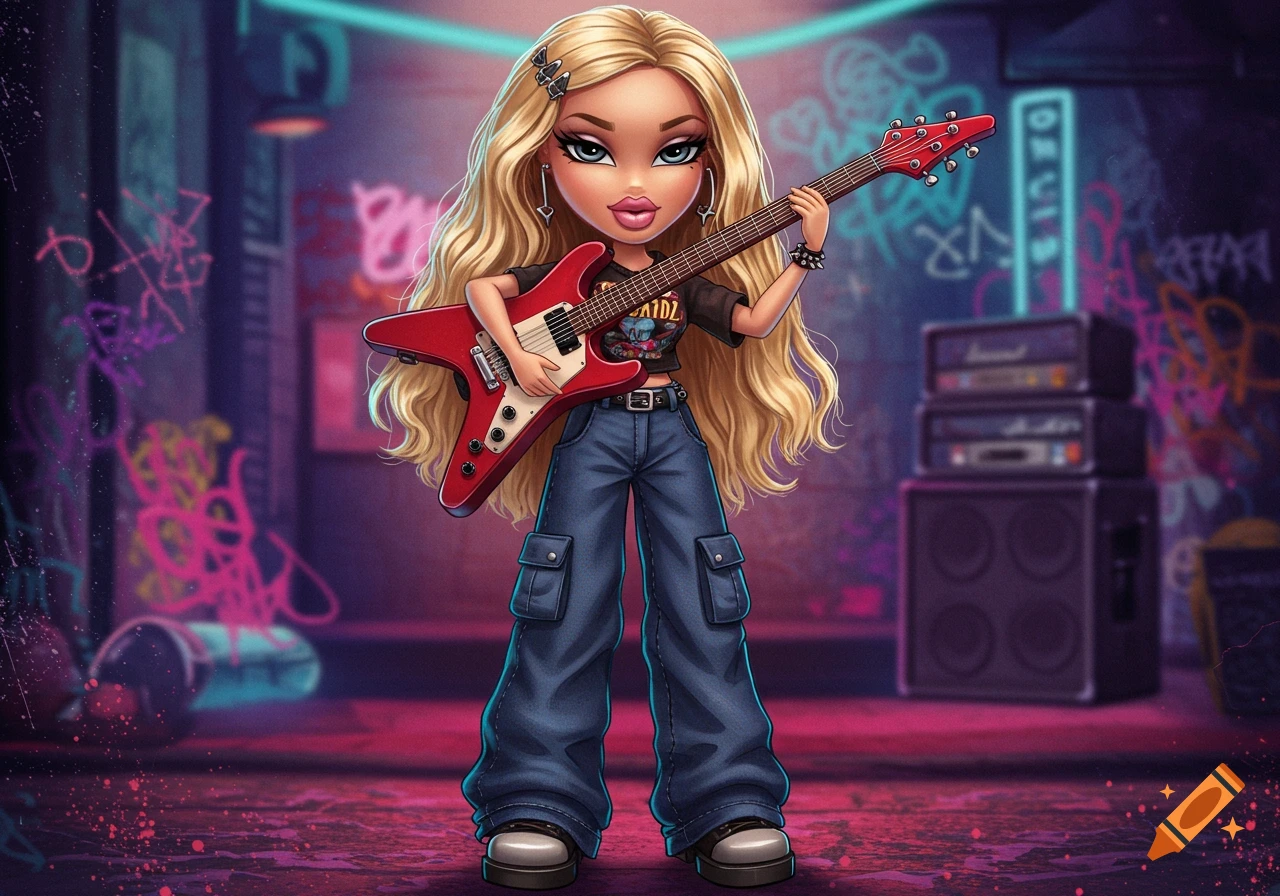 Cartoon Bratz doll with blonde hair, a band tee, and cargo jeans, playing a red electric guitar in a neon-lit urban alley.