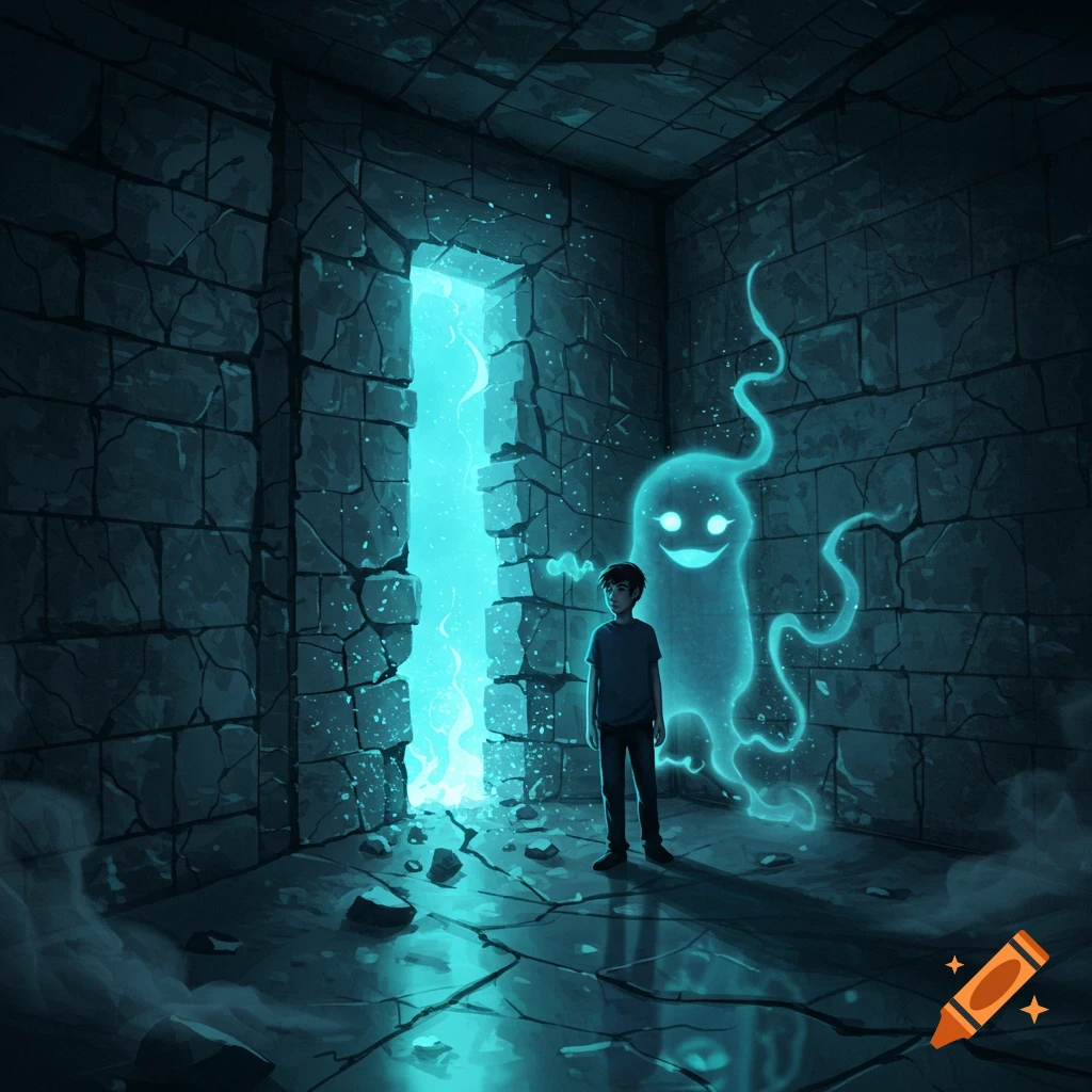 A young man stands beside a glowing blue ghost in a dark, cracked stone corridor with a bright blue rift.