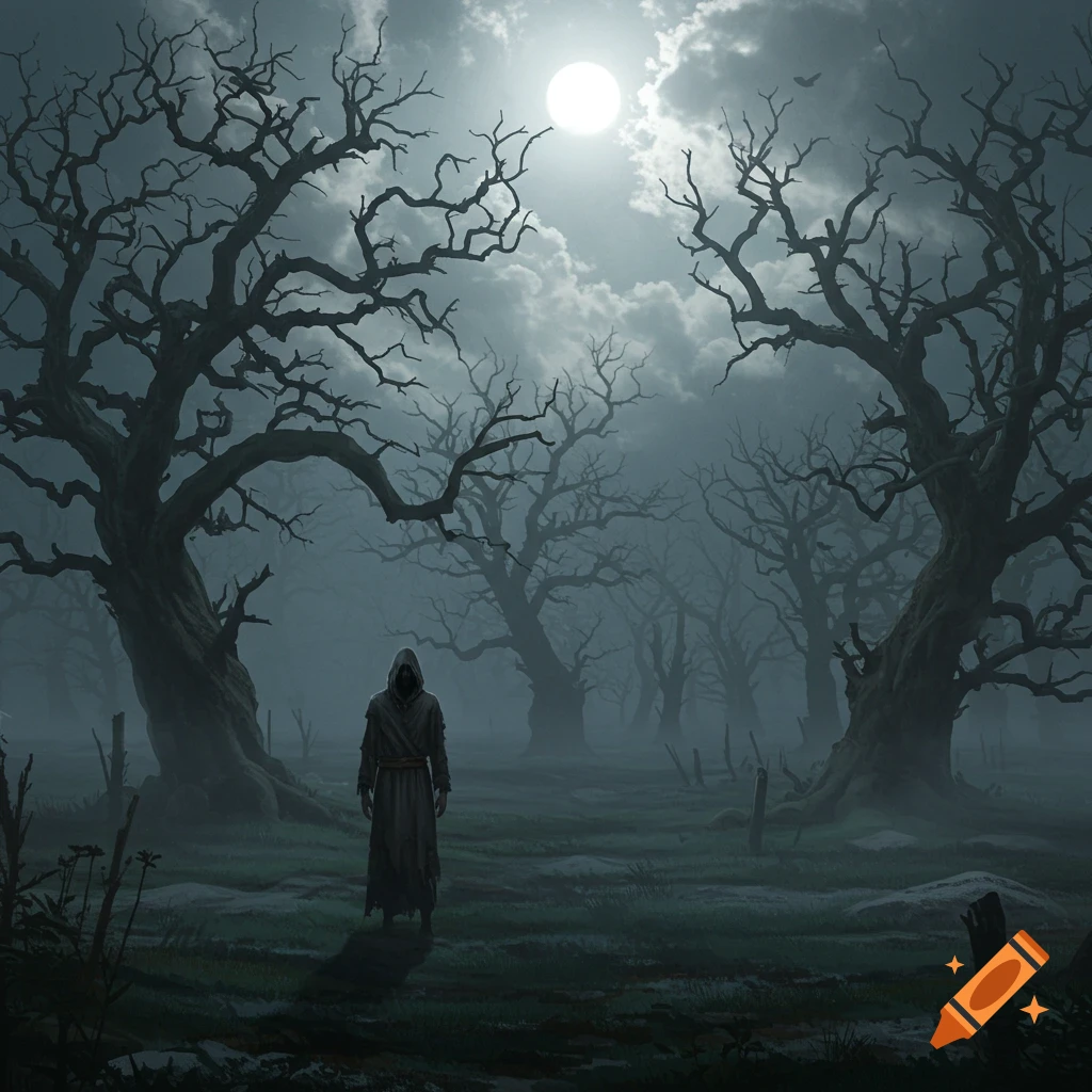 A cloaked figure stands in a misty, moonlit forest of gnarled, bare trees, evoking a dark fantasy or gothic atmosphere.