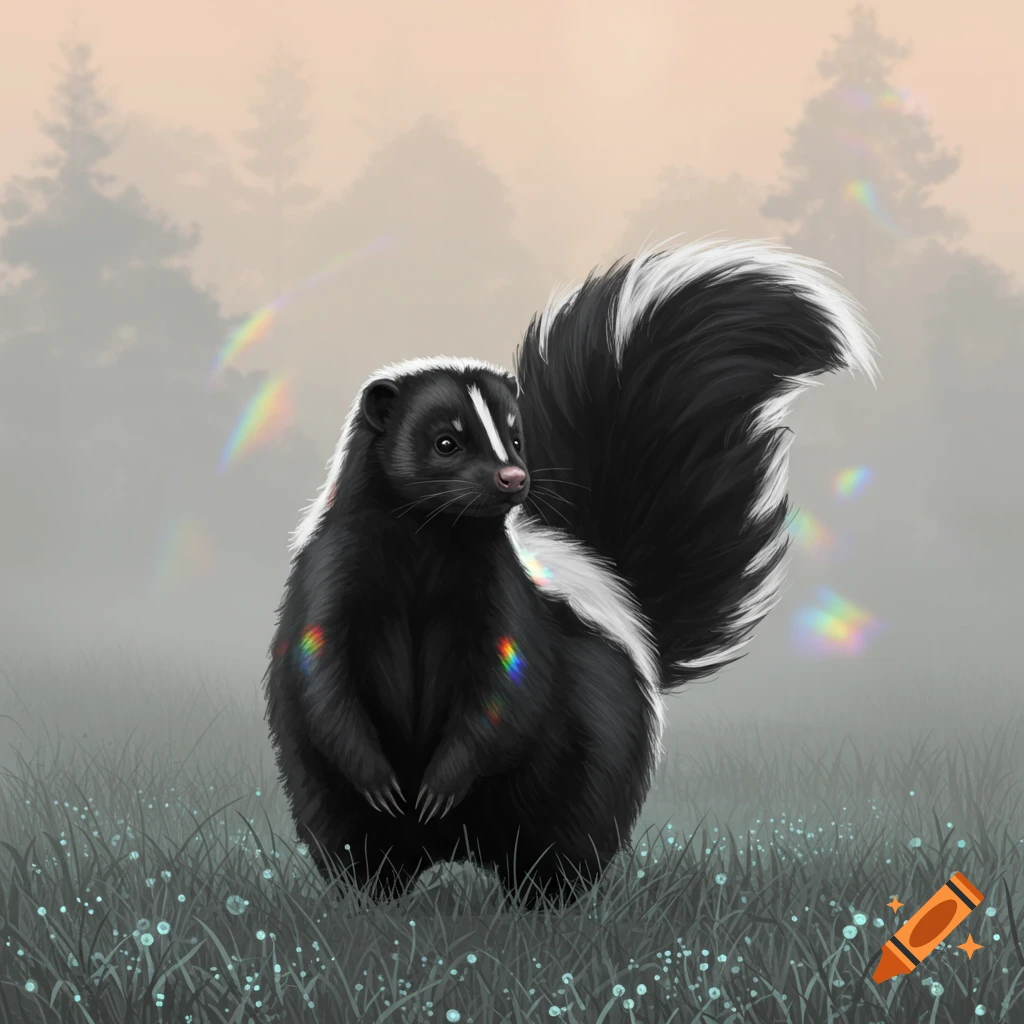 A black and white skunk with rainbow highlights stands in dewy grass in a misty forest.