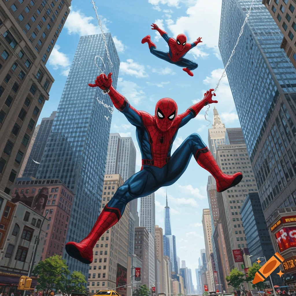 Two Spider-Men swing dynamically through a bustling city skyline with tall buildings under a blue sky, in a vibrant comic book art style.