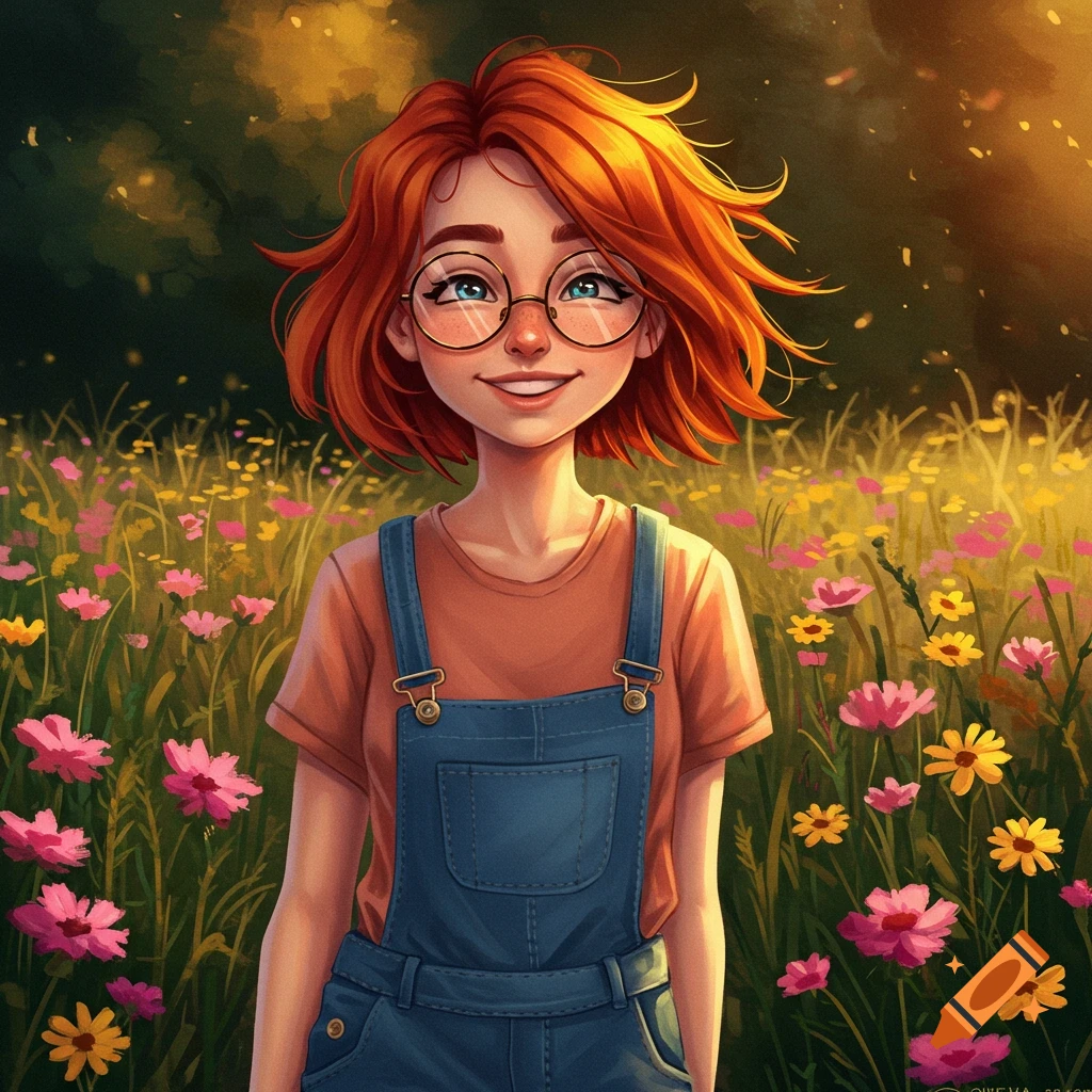 Cartoon girl with short orange hair and glasses smiles in a field of colorful flowers under a warm sun.