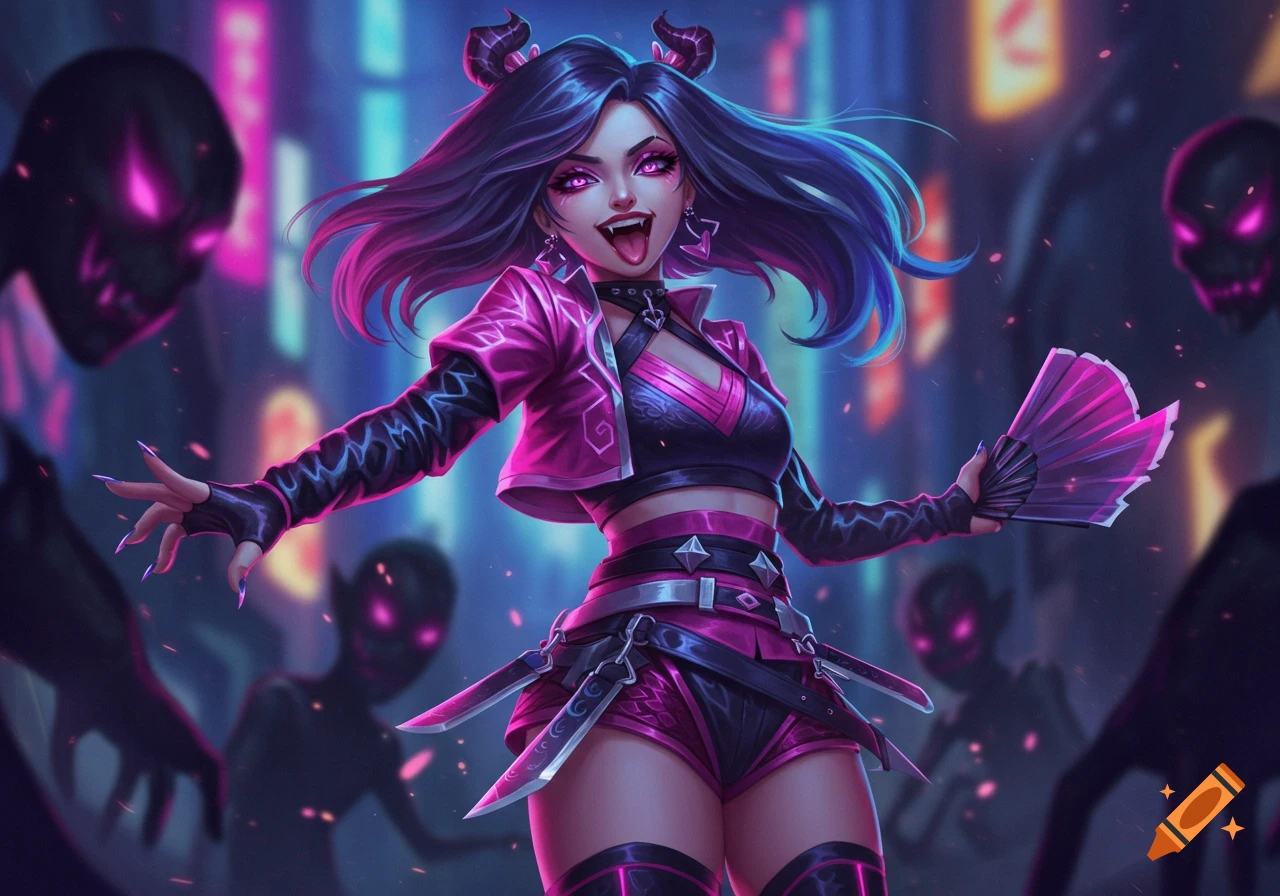 Vibrant digital art: woman with demon horns, pink eyes, crop top, shorts, and a fan, surrounded by shadowy demons in a neon city.