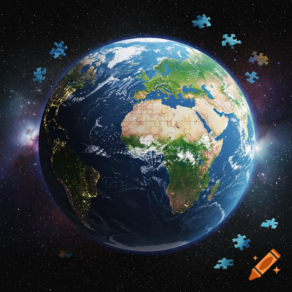 The Earth depicted as a puzzle, with continents visible and some puzzle pieces floating in space against a starry background.