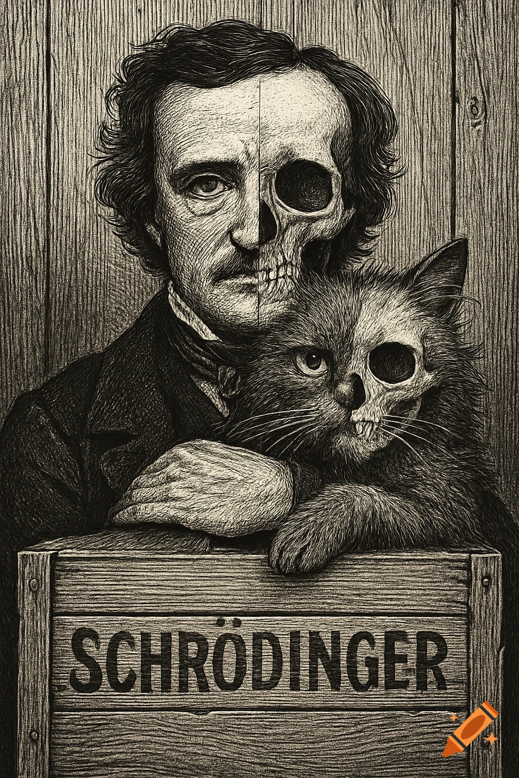 Line drawing of Edgar Allan Poe with half-skull face, holding a half-skull cat, standing behind a wooden crate labeled 'SCHRÖDINGER'.
