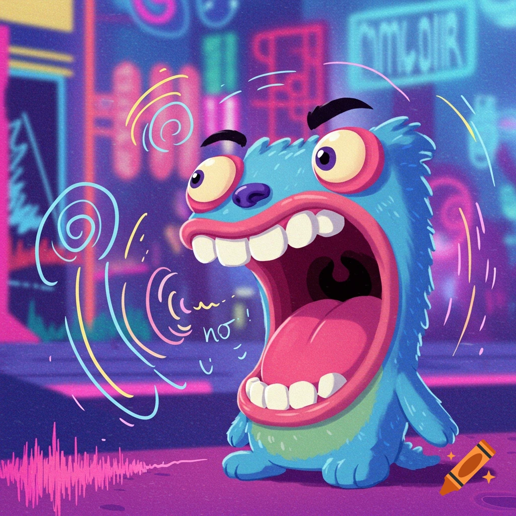 A vibrant cartoon monster with a huge open mouth screams 'no!' in a neon city night scene, with sound waves emanating.