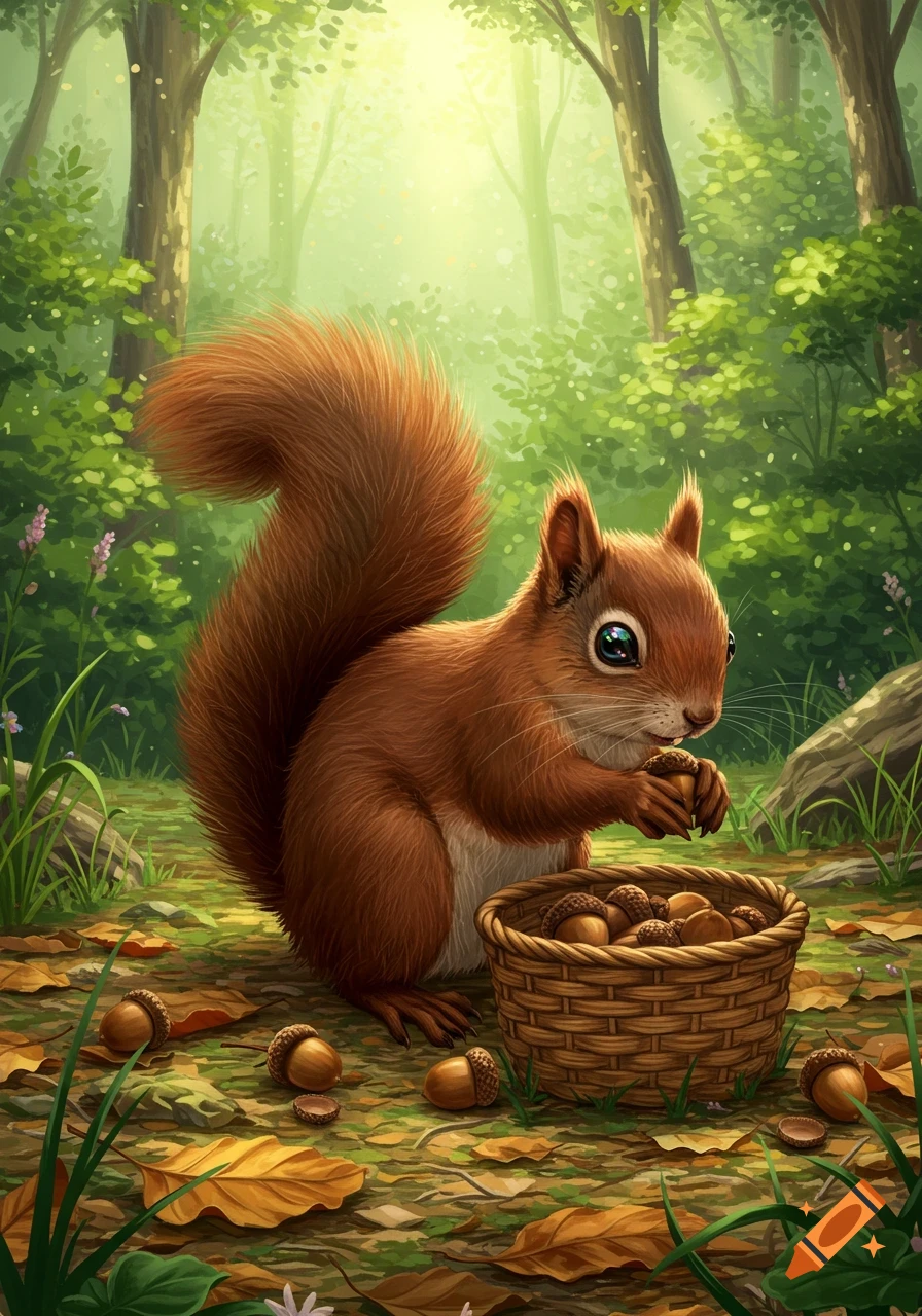 A cute fluffy brown squirrel in a forest collecting acorns into a woven basket.