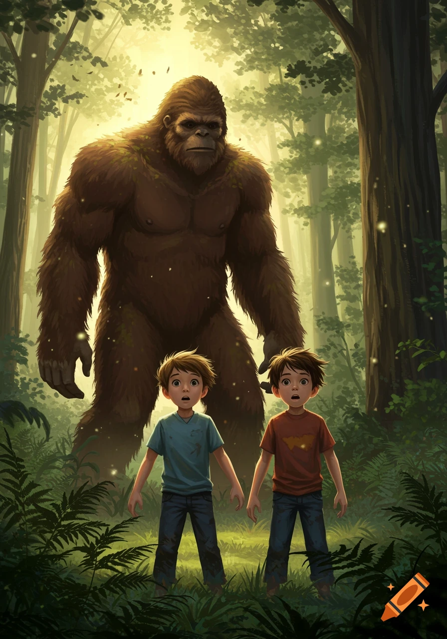 Illustration of two surprised boys meeting a giant Bigfoot in a bright, magical forest with glowing specks.