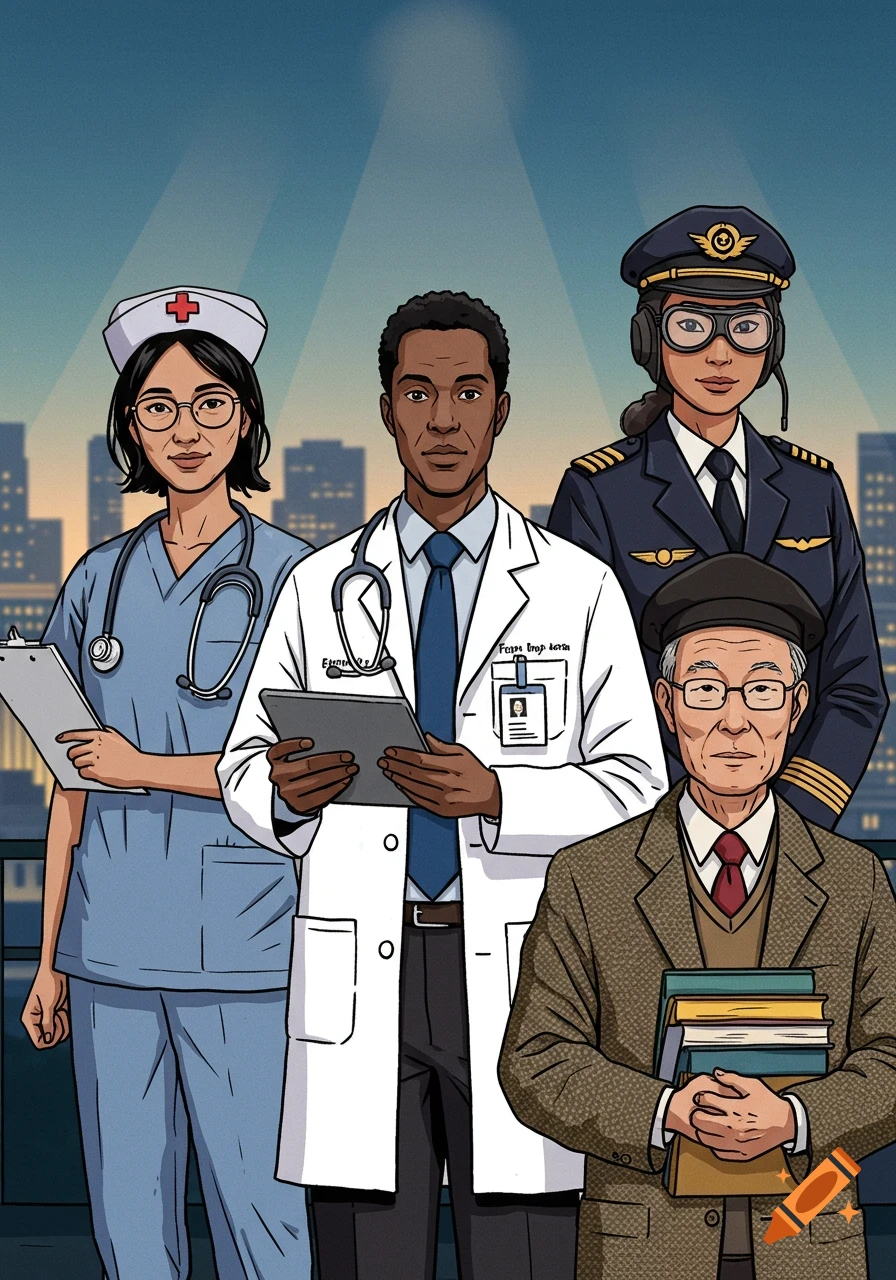 Four diverse professionals: a nurse, a doctor, a pilot, and a professor, stand against a city skyline in a stylized illustration.