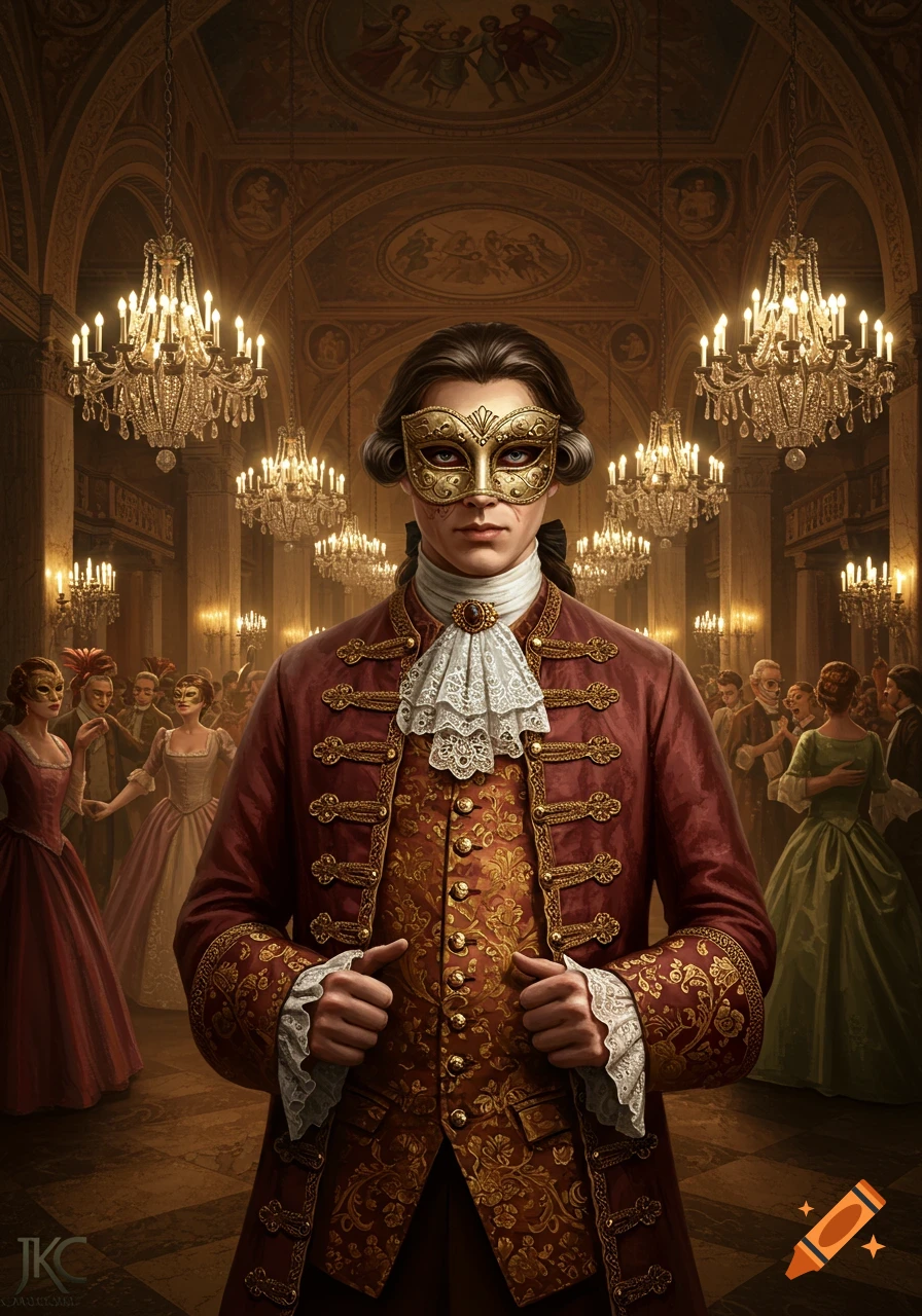 Man in 17th-century red and gold suit with a gold masquerade mask in a lavish ballroom with chandeliers and masked guests.