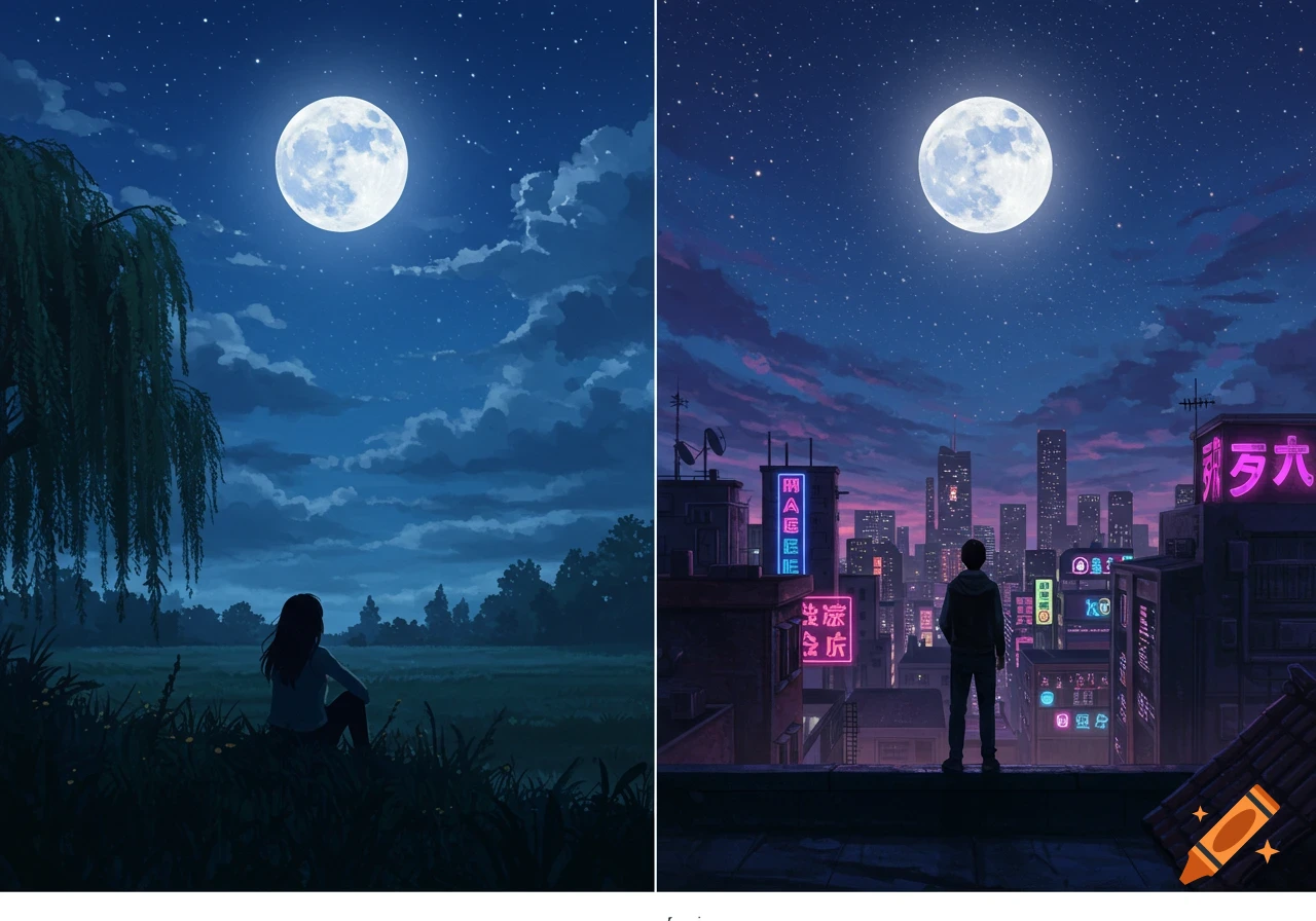 A diptych of two people looking at a full moon in a starry night sky. Left: a woman in a field under a willow tree. Right: a man on a rooftop in a neon-lit city.