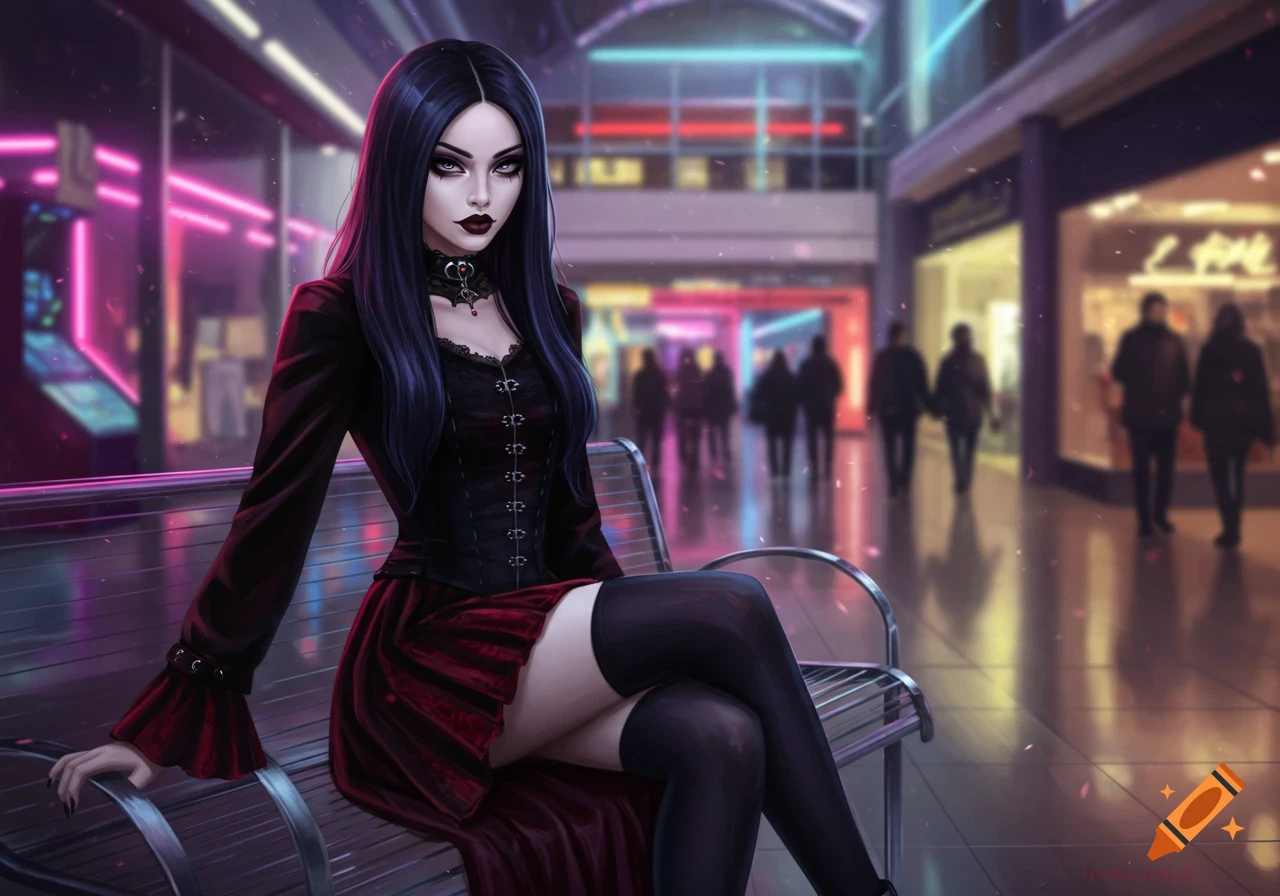 A stylized digital painting of a Goth girl with long dark hair, dark makeup, a black corset, and a red skirt, sitting on a bench in a neon-lit mall.