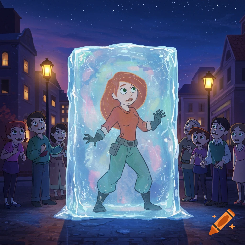 Cartoon of Kim Possible frozen in a large block of ice on a city street at night, with several onlookers.