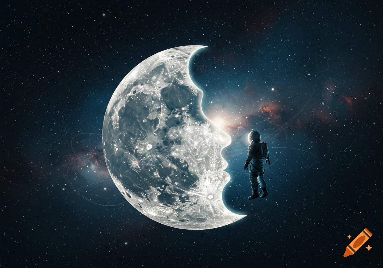 A surreal crescent moon shaped like a human face embracing an astronaut in deep space with stars and nebulas.