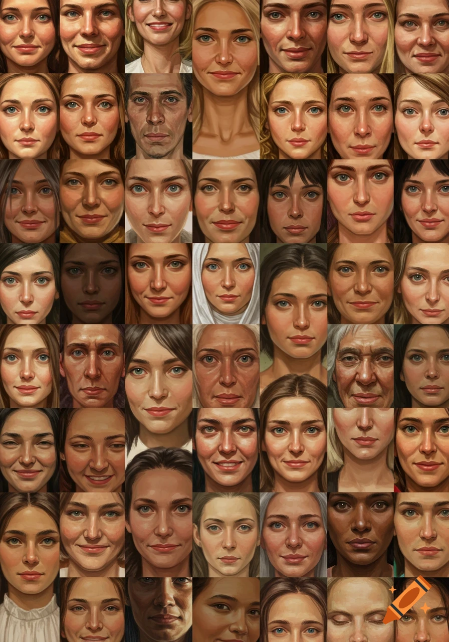 A grid displaying many diverse human faces of various ages and ethnicities, rendered in a detailed digital art style.