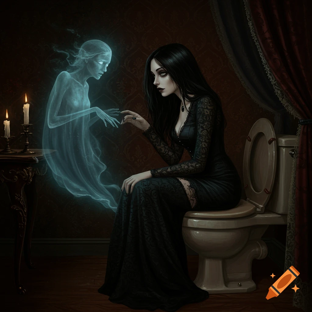 Vintage painting of a gothic woman on a toilet reaching out to a glowing ghost in a dark, ornate room.