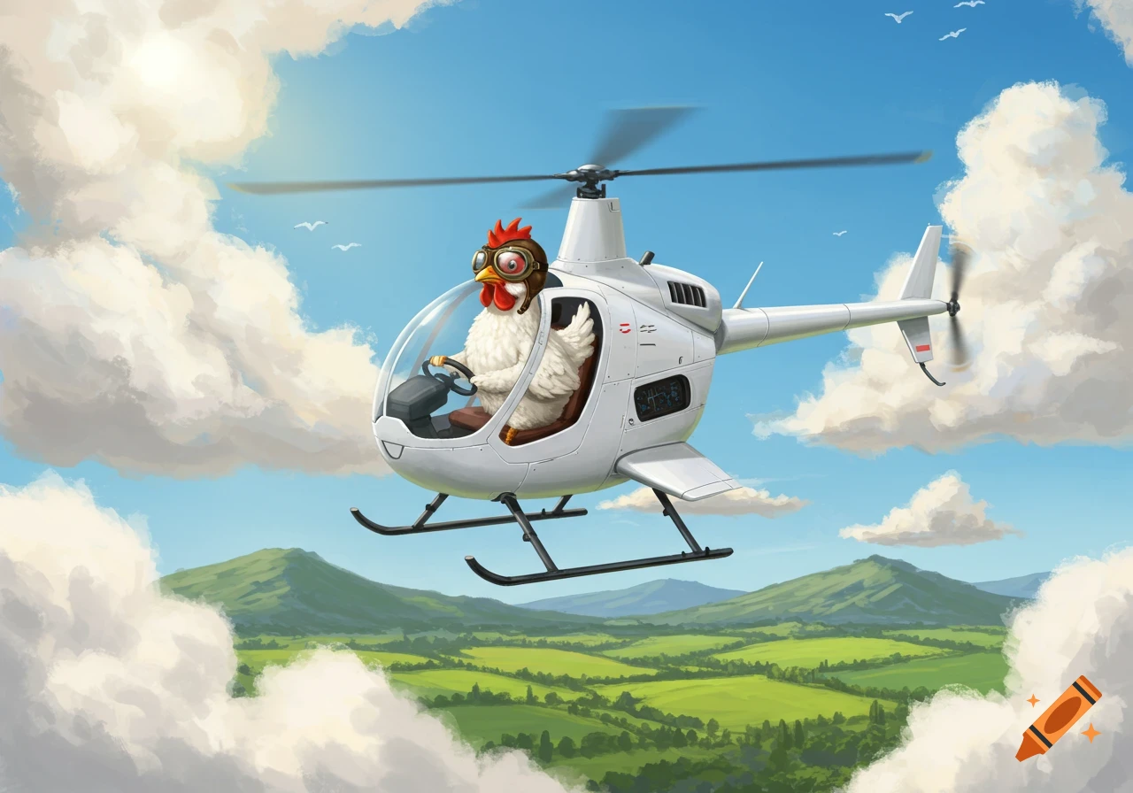 A white chicken in aviator goggles flying a white helicopter over green hills under a blue sky.