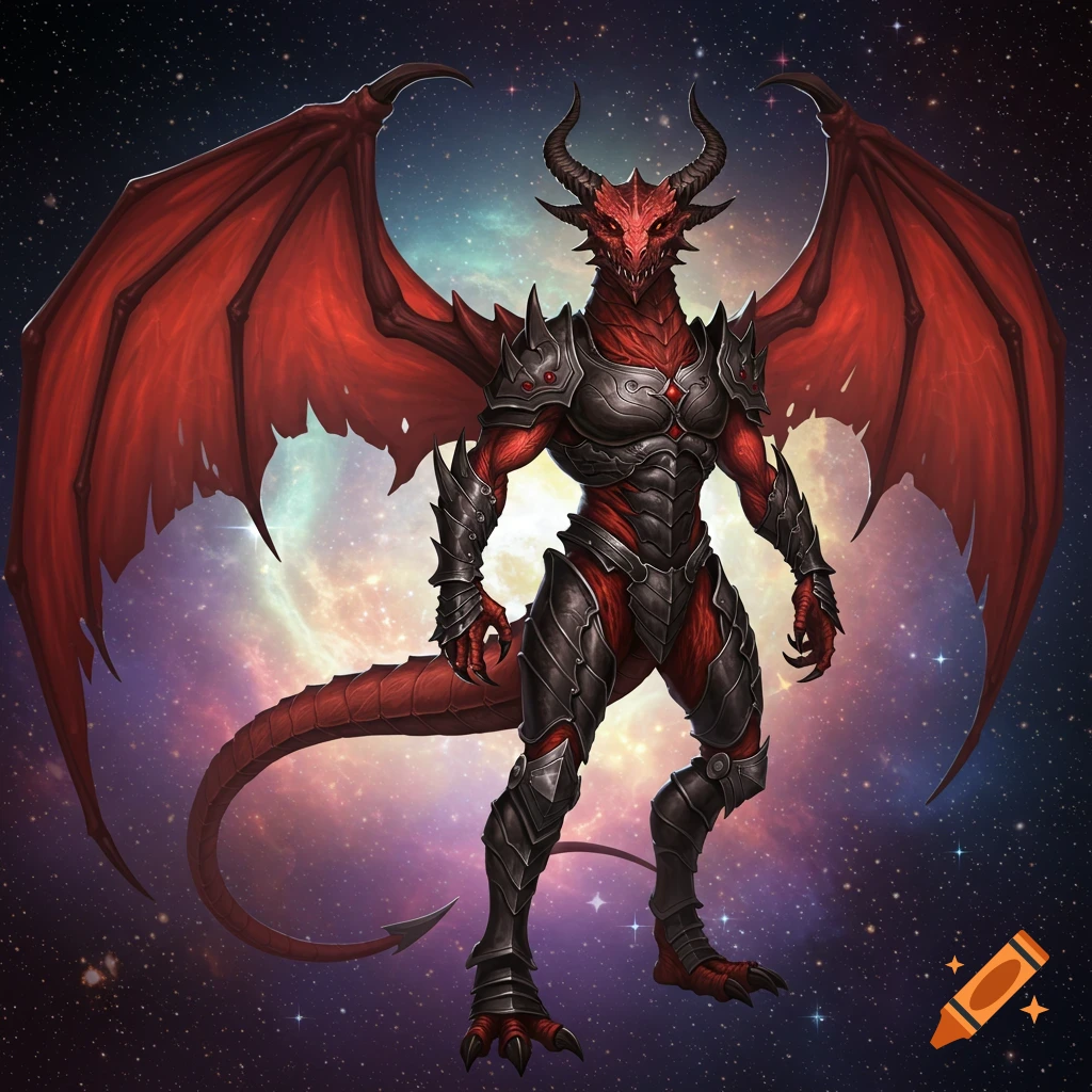 A formidable red dragon in black armor with large red wings stands against a cosmic background.