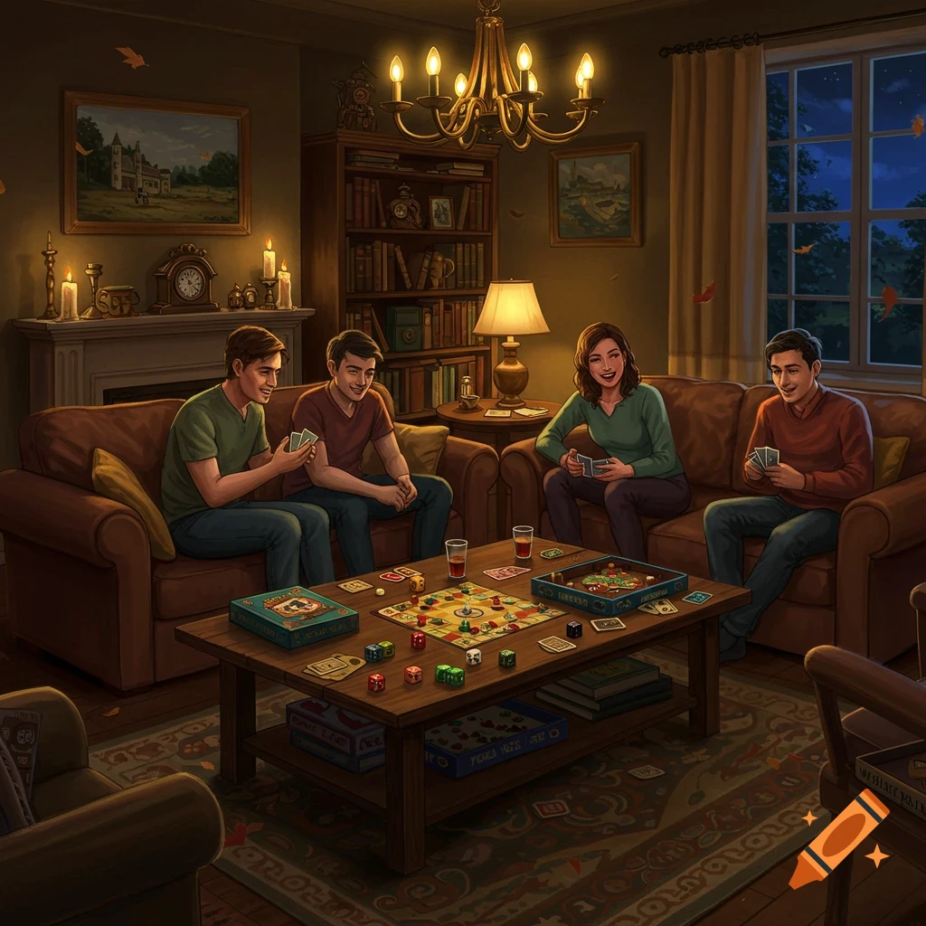 Four friends are gathered in a cozy, warmly lit living room, playing board games and card games on a coffee table. It's nighttime with falling autumn leaves visible outside a window.