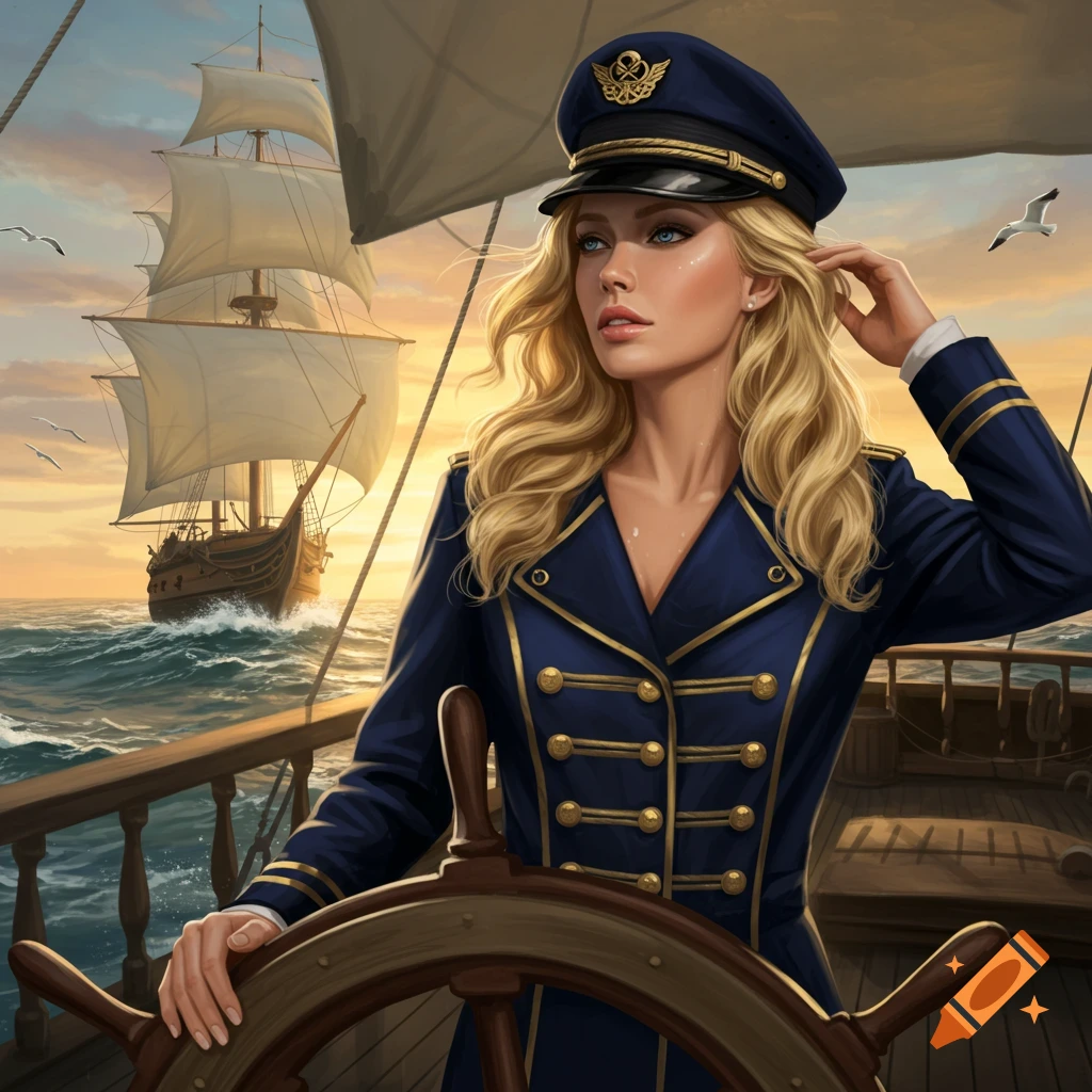 A beautiful blonde woman in a navy captain's uniform steers a ship at sunset, with another sailing ship in the background.