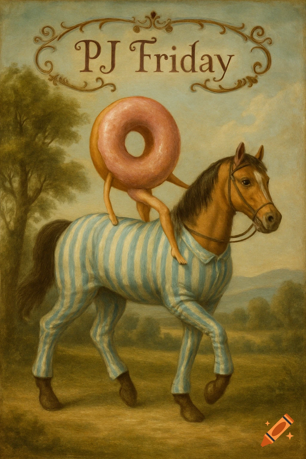 Renaissance painting of a pink donut with legs riding a horse in blue striped pajamas, 'PJ Friday' text at top.