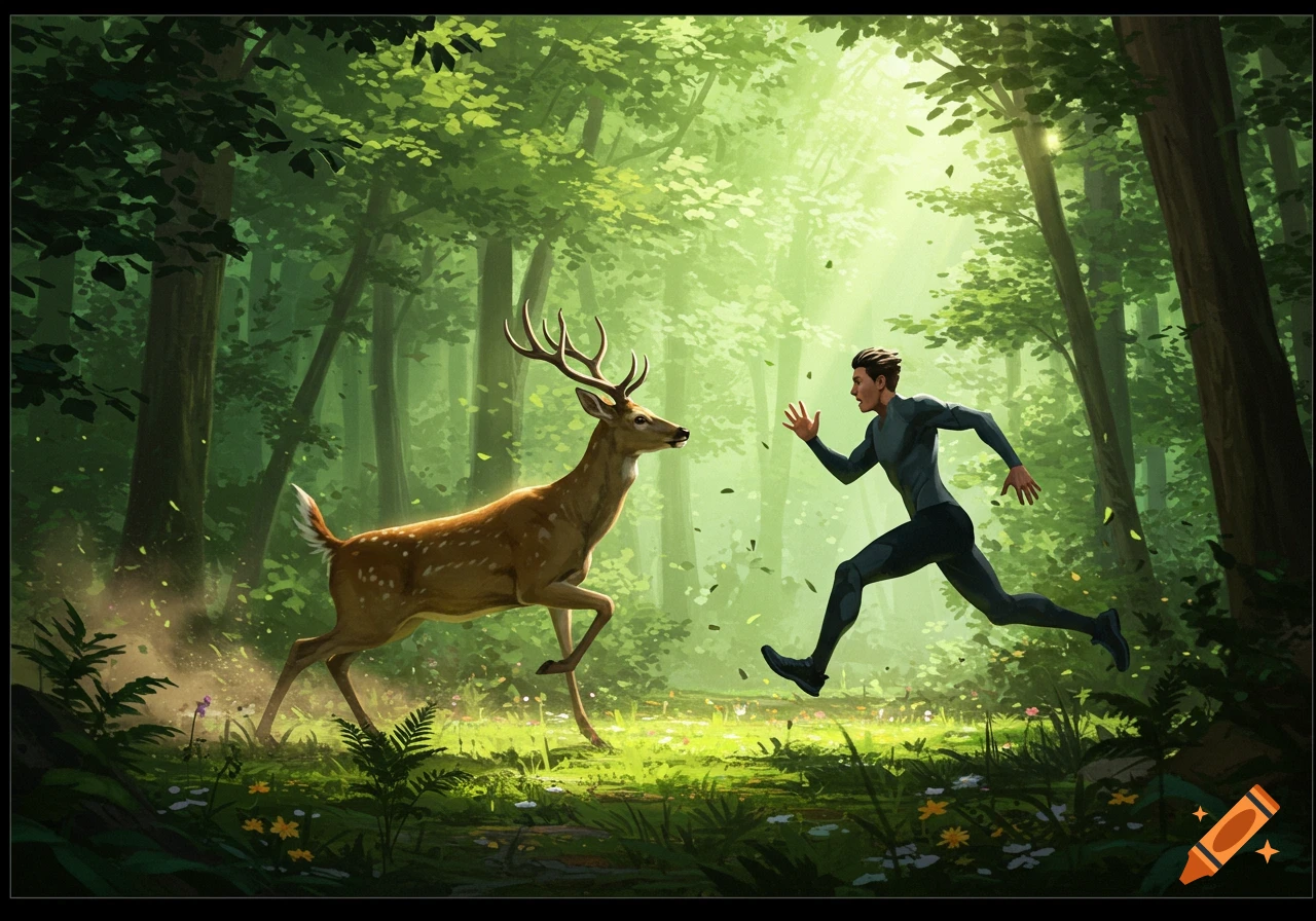 A man runs towards a large deer with antlers in a sunlit forest, rendered in a digital art style.