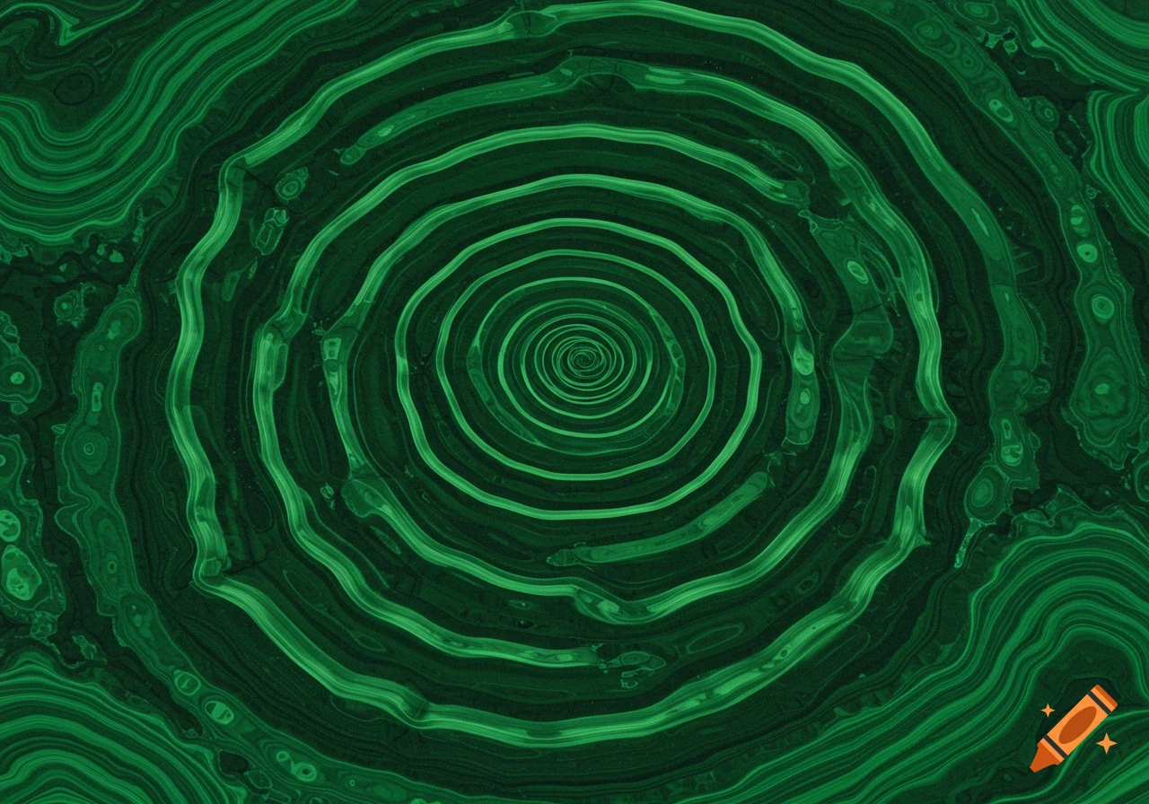 A close-up of dark green malachite with concentric light green rings forming a central spiral and wavy patterns.