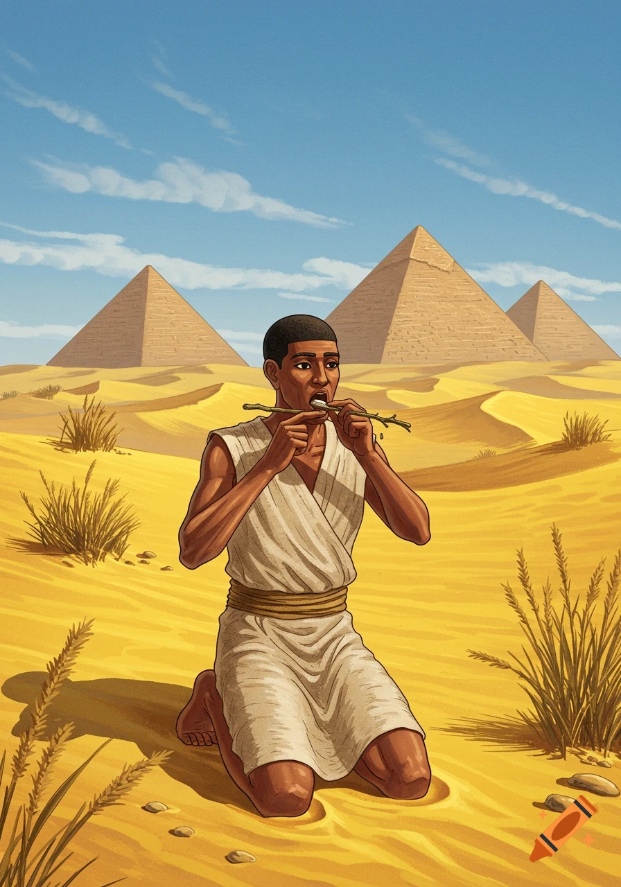 An ancient Egyptian man in a desert kneels, cleaning his teeth with a stick. Pyramids are in the background. Illustration.