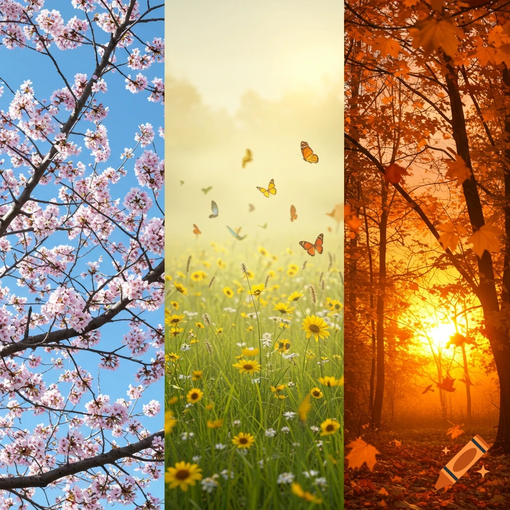 A triptych showing natural transformation through seasons: cherry blossoms, a field of wildflowers with butterflies, and autumn trees with a sunset.