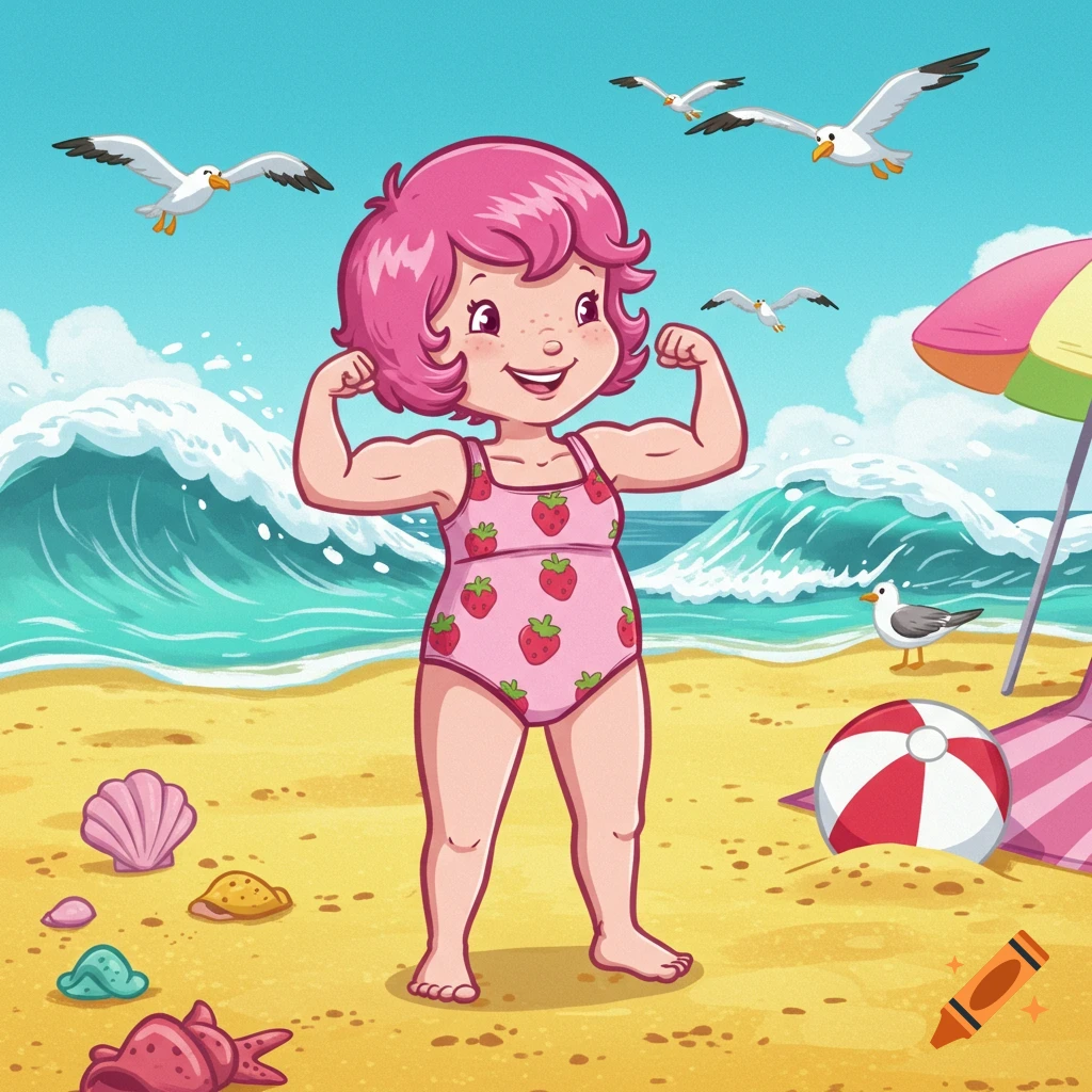 A cheerful cartoon girl with pink hair in a strawberry swimsuit flexes her muscles on a sunny beach, with waves and seagulls.