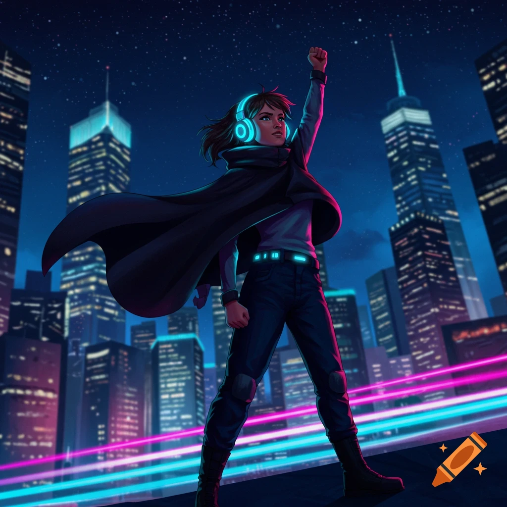 A young woman in a black cape and glowing headphones raises her fist on a rooftop overlooking a neon-lit futuristic city at night. Digital art.